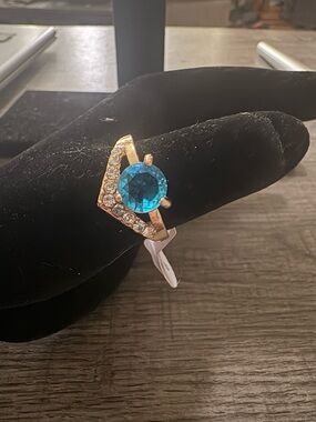 Gold Tone Ring with Blue Gemstone and Crystal Accents - Women Costume Jewelry